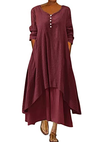 ORANDESIGNE Damen Baumwolle Leinen Einfarbig Kaftan Lose V-Ausschnitt Leinenkleid 2 in 1 Maxikleid Freizeitkleid Oversized Sommerkleid Strandkleider Boho Langes Kleid mit Taschen A Weinrot M von ORANDESIGNE