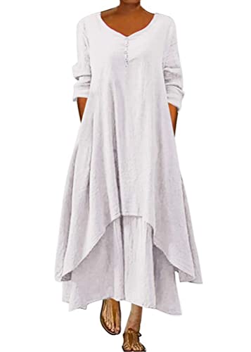 ORANDESIGNE Damen Baumwolle Leinen Einfarbig Kaftan Lose V-Ausschnitt Leinenkleid 2 in 1 Maxikleid Freizeitkleid Oversized Sommerkleid Strandkleider Boho Langes Kleid mit Taschen A Weiß M von ORANDESIGNE