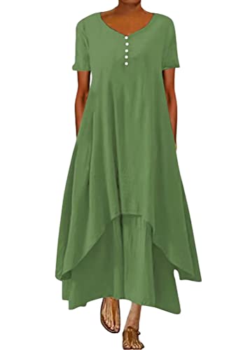 ORANDESIGNE Damen Baumwolle Leinen Einfarbig Kaftan Lose V-Ausschnitt Leinenkleid 2 in 1 Maxikleid Freizeitkleid Oversized Sommerkleid Strandkleider Boho Langes Kleid mit Taschen B Grün 3XL von ORANDESIGNE