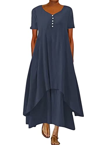 ORANDESIGNE Damen Baumwolle Leinen Einfarbig Kaftan Lose V-Ausschnitt Leinenkleid 2 in 1 Maxikleid Freizeitkleid Oversized Sommerkleid Strandkleider Boho Langes Kleid mit Taschen B Marine M von ORANDESIGNE