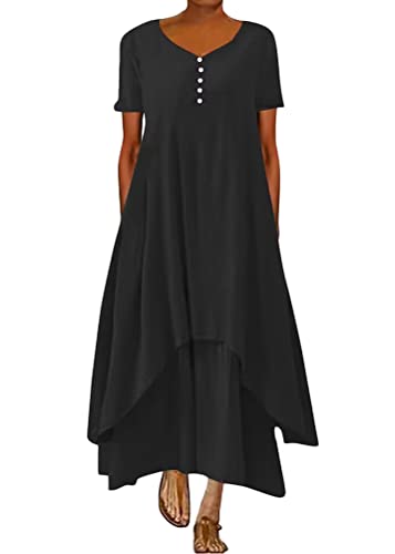 ORANDESIGNE Damen Baumwolle Leinen Einfarbig Kaftan Lose V-Ausschnitt Leinenkleid 2 in 1 Maxikleid Freizeitkleid Oversized Sommerkleid Strandkleider Boho Langes Kleid mit Taschen B Schwarz, XXL von ORANDESIGNE