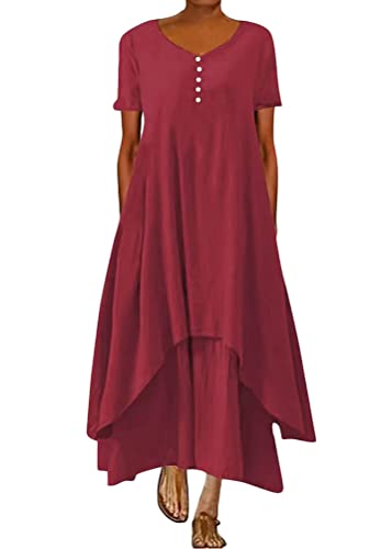 ORANDESIGNE Damen Baumwolle Leinen Einfarbig Kaftan Lose V-Ausschnitt Leinenkleid 2 in 1 Maxikleid Freizeitkleid Oversized Sommerkleid Strandkleider Boho Langes Kleid mit Taschen B Weinrot XL von ORANDESIGNE