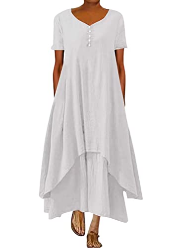 ORANDESIGNE Damen Baumwolle Leinen Einfarbig Kaftan Lose V-Ausschnitt Leinenkleid 2 in 1 Maxikleid Freizeitkleid Oversized Sommerkleid Strandkleider Boho Langes Kleid mit Taschen B Weiß XL von ORANDESIGNE