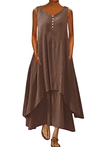 ORANDESIGNE Damen Baumwolle Leinen Einfarbig Kaftan Lose V-Ausschnitt Leinenkleid 2 in 1 Maxikleid Freizeitkleid Oversized Sommerkleid Strandkleider Boho Langes Kleid mit Taschen C Braun M von ORANDESIGNE