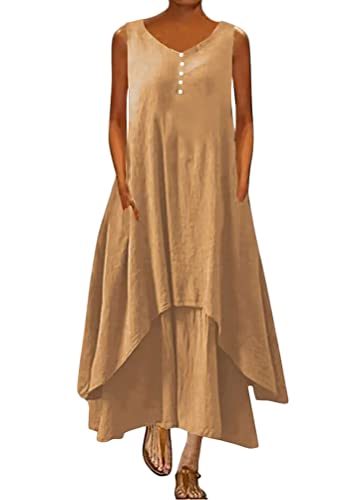 ORANDESIGNE Damen Baumwolle Leinen Einfarbig Kaftan Lose V-Ausschnitt Leinenkleid 2 in 1 Maxikleid Freizeitkleid Oversized Sommerkleid Strandkleider Boho Langes Kleid mit Taschen C Khaki L von ORANDESIGNE