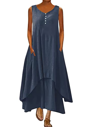 ORANDESIGNE Damen Baumwolle Leinen Einfarbig Kaftan Lose V-Ausschnitt Leinenkleid 2 in 1 Maxikleid Freizeitkleid Oversized Sommerkleid Strandkleider Boho Langes Kleid mit Taschen C Marine XL von ORANDESIGNE