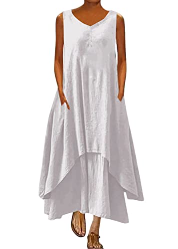ORANDESIGNE Damen Baumwolle Leinen Einfarbig Kaftan Lose V-Ausschnitt Leinenkleid 2 in 1 Maxikleid Freizeitkleid Oversized Sommerkleid Strandkleider Boho Langes Kleid mit Taschen C Weiß XS von ORANDESIGNE