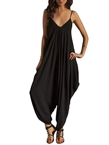 ORANDESIGNE Damen Beiläufig Latzhose Jumpsuits Spaghettiträger Bib Hose Casual Loose Overalls Lange Wide Leg Hosen Baggy Sommerhose Haremshose B Schwarz 42 von ORANDESIGNE