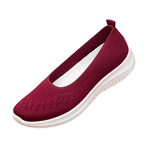 ORANDESIGNE Damen Bequem Slip On Sneakers Mesh Leichte Atmungsaktiv Freizeitschuhe Outdoor Gestrickte Loafers Gehen Flache Schuhe A Rot 39 EU von ORANDESIGNE