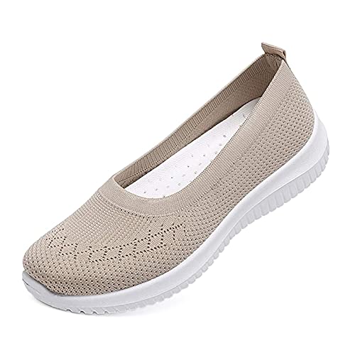 ORANDESIGNE Damen Bequem Slip On Sneakers Mesh Leichte Atmungsaktiv Freizeitschuhe Outdoor Gestrickte Loafers Gehen Flache Schuhe 39 EU A Aprikose von ORANDESIGNE