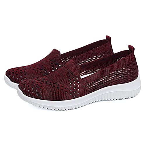 ORANDESIGNE Damen Bequem Slip On Sneakers Mesh Leichte Atmungsaktiv Freizeitschuhe Outdoor Gestrickte Loafers Gehen Flache Schuhe C Rot 40 EU von ORANDESIGNE