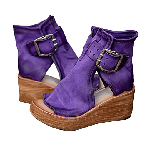 ORANDESIGNE Damen Bequeme Keilabsatz Schnalle Sandalen Vintage PU Leder Peep Toe Keilsandalen Boho Seitlicher Reißverschluss Römische Sandalen 40 EU A Violett von ORANDESIGNE