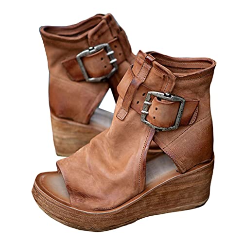ORANDESIGNE Damen Bequeme Keilabsatz Schnalle Sandalen Vintage PU Leder Peep Toe Keilsandalen Boho Seitlicher Reißverschluss Römische Sandalen A Braun 40 EU von ORANDESIGNE