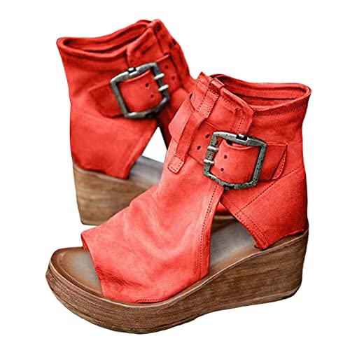 ORANDESIGNE Damen Bequeme Keilabsatz Schnalle Sandalen Vintage PU Leder Peep Toe Keilsandalen Boho Seitlicher Reißverschluss Römische Sandalen A Rot 38 EU von ORANDESIGNE