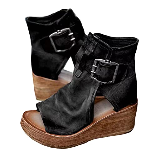 ORANDESIGNE Damen Bequeme Keilabsatz Schnalle Sandalen Vintage PU Leder Peep Toe Keilsandalen Boho Seitlicher Reißverschluss Römische Sandalen A Schwarz 36 EU von ORANDESIGNE