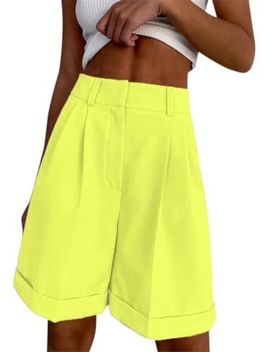 ORANDESIGNE Damen Bermuda Shorts Lässige Elastische Taille Breites Bein Shorts Knielänge Sommer Shorts mit Taschen Hohe Taille Einfarbig Freizeit Shorts B Gelb M von ORANDESIGNE