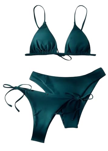ORANDESIGNE Damen Bikini Set Dreiteiliges Sexy String Tanga Bikini Triangle Badeanzug 3-teilig Bademode 1 Bikinioberteil und 2 Bikinihosen Strandmode Bauchweg Swimsuit A Dunkelgrün M von ORANDESIGNE