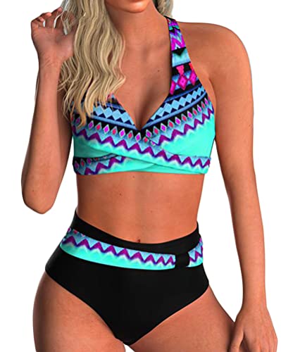 ORANDESIGNE Damen Bikini Set Wickeloptik Hohe Taille Gedruckt Bikini Frauen Bademode Blumenmuster Zweiteiliger Push-Up Badeanzug 2 Stücke Swimsuit D Blau L von ORANDESIGNE