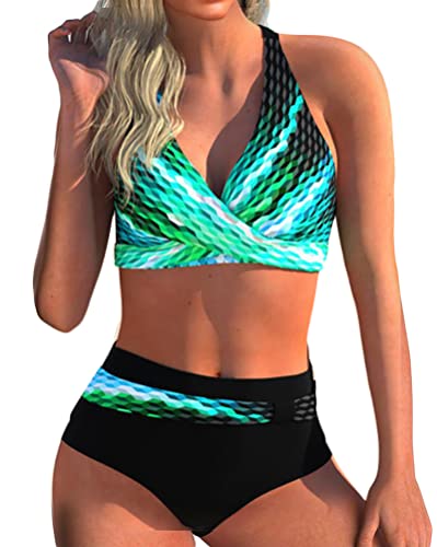 ORANDESIGNE Damen Bikini Set Wickeloptik Hohe Taille Gedruckt Bikini Frauen Bademode Blumenmuster Zweiteiliger Push-Up Badeanzug 2 Stücke Swimsuit E Blau XL von ORANDESIGNE