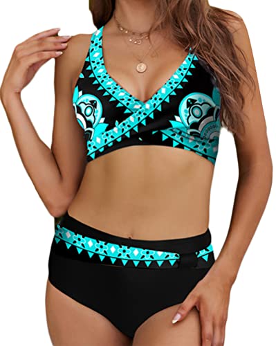 ORANDESIGNE Damen Bikini Set Wickeloptik Hohe Taille Gedruckt Bikini Frauen Bademode Blumenmuster Zweiteiliger Push-Up Badeanzug 2 Stücke Swimsuit H Blau XXL von ORANDESIGNE