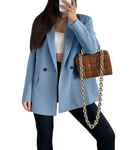 ORANDESIGNE Damen Blazer, Casual Open Front Cardigan Langarm,Elegant Business Blazer, Lang Jacke mit Tasche und Knöpfe A Hellblau XS von ORANDESIGNE