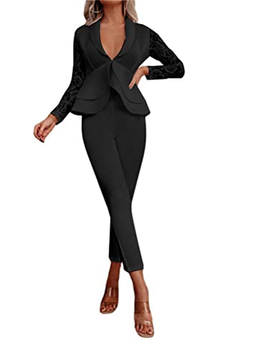 ORANDESIGNE Damen Blazer 2 Reihig Business Anzug Set Hosenanzug Spitze Formal Blazer Langarm Anzugjacke Hosenanzug Slim Fit Hose 2 Stück 01-Schwarz M von ORANDESIGNE