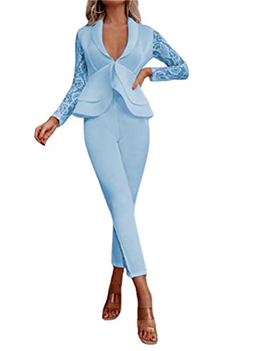 ORANDESIGNE Damen Blazer 2 Reihig Business Anzug Set Hosenanzug Spitze Formal Blazer Langarm Anzugjacke Hosenanzug Slim Fit Hose 2 Stück 01-blau S von ORANDESIGNE