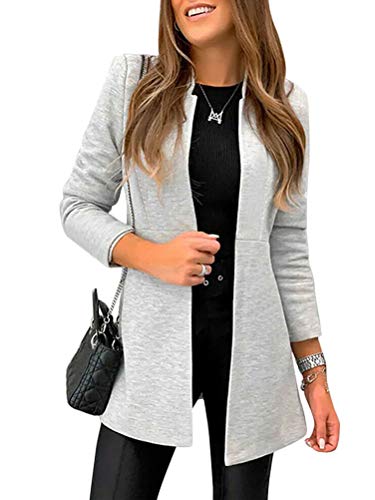 ORANDESIGNE Damen Blazer Elegant Mantel Einfarbig Lang Blazer Slim Fit Blazer Lange Ärmel Freizeit Stehkragen Business Büro Anzug Jacken Hellgrau 42 von ORANDESIGNE