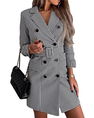 ORANDESIGNE Damen Blazer Kleid Frauen Elegant Langarm V-Ausschnitt Zweireihig Solide Hemdkleid Business Lange Hülse Büro Jacken Knopf Anzug A Schwarz XS von ORANDESIGNE