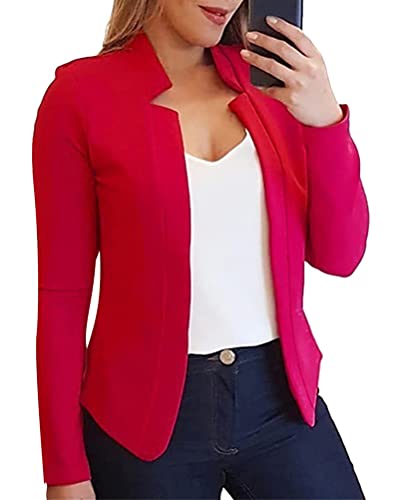 ORANDESIGNE Damen Blazer Mit Kerbkragen Elegante Lange Ärmel Schmal Geschnittene Strickjacke Mit Offener Vorderseite A Rot L von ORANDESIGNE