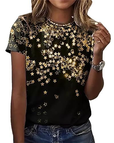 ORANDESIGNE Damen Blumen Farbe T-Shirt Blumen Vogel Druck Rundhalsausschnitt Grundlegend Oberteile U Gold XS von ORANDESIGNE