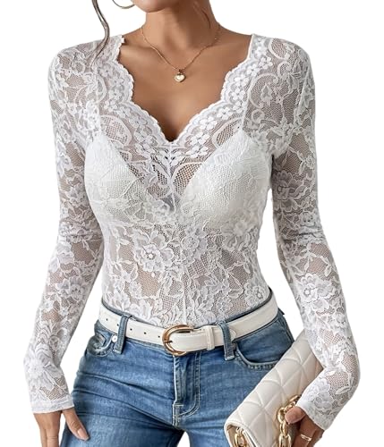 ORANDESIGNE Damen Bluse Elegant V-Ausschnitt Langarm Tshirt Sexy Spitze Langarmshirt Blumenmuster Mesh Sheer Transparente Netz Oberteile Leicht Tunika Tracht Spitzenshirt Abendmode Weiß L von ORANDESIGNE