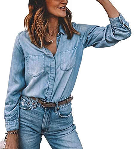 ORANDESIGNE Damen Bluse Jeanshemd Kurzarm Jeansbluse V-Ausschnitt Lose Casual Denim Langarm Shirt Sommer Blau Jean Bluse Oberteile Top Z3 Blau S von ORANDESIGNE