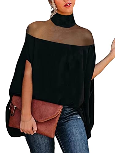 ORANDESIGNE Damen Bluse Neckholder Lässige Schulterfreie Halben Fledermausärmeln Elegante Sommer Frauen Blusen Mode Stehkragen Druck Loses Süßes Hemdumhang C Schwarz XL von ORANDESIGNE