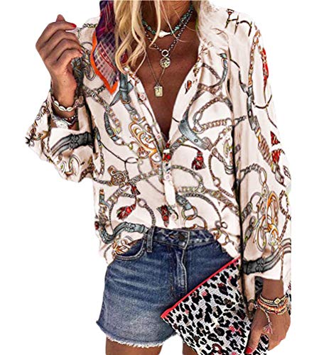 ORANDESIGNE Damen Blusen Elegante Oberteile V-Ausschnitt Tops Casual Hemd Langarm Shirt Blumen Muster Hippie Bunte Boho Strandbluse Beige 38 von ORANDESIGNE