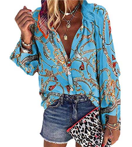 ORANDESIGNE Damen Blusen Elegante Oberteile V-Ausschnitt Tops Casual Hemd Langarm Shirt Blumen Muster Hippie Bunte Boho Strandbluse Blau 38 von ORANDESIGNE