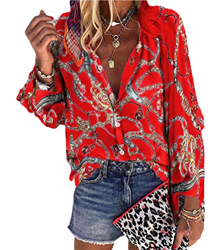 ORANDESIGNE Damen Blusen Elegante Oberteile V-Ausschnitt Tops Casual Hemd Langarm Shirt Blumen Muster Hippie Bunte Boho Strandbluse Rot 38 von ORANDESIGNE