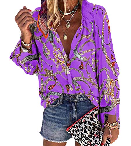 ORANDESIGNE Damen Blusen Elegante Oberteile V-Ausschnitt Tops Casual Hemd Langarm Shirt Blumen Muster Hippie Bunte Boho Strandbluse Violett 50 von ORANDESIGNE