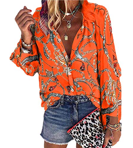 ORANDESIGNE Damen Blusen Elegante Oberteile V-Ausschnitt Tops Casual Hemd Langarm Shirt Orange 36 von ORANDESIGNE