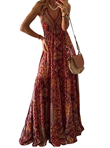 ORANDESIGNE Damen Bohemian Kleid Strandkleid Vintage Kleid Blumenmuster Langes Sommerkleider Dekoltee V-Ausschnitt Boho Rückenfreies A-Linien Kleid Maxikleid C Orange, XXL von ORANDESIGNE