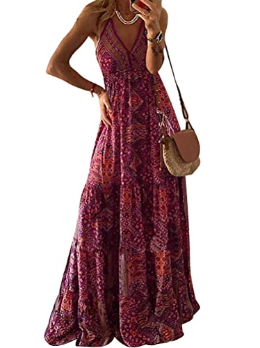 ORANDESIGNE Damen Bohemian Kleid Strandkleid Vintage Kleid Blumenmuster Langes Sommerkleider Dekoltee V-Ausschnitt Boho Rückenfreies A-Linien Kleid Maxikleid C Weinrot, XXL von ORANDESIGNE