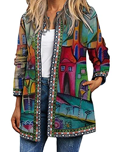 ORANDESIGNE Damen Bohemien Jacke Jahrgang Blumenmuster Patchwork Übergröße Jacken Langarm Retro Ethnischer Druck Strickjacke Mantel mit Tasche Q Rot XL von ORANDESIGNE