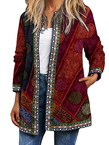 ORANDESIGNE Damen Bohemien Jacke Jahrgang Blumenmuster Patchwork Übergröße Jacken Langarm Retro Ethnischer Druck Strickjacke Mantel mit Tasche U Weinrot XXL von ORANDESIGNE