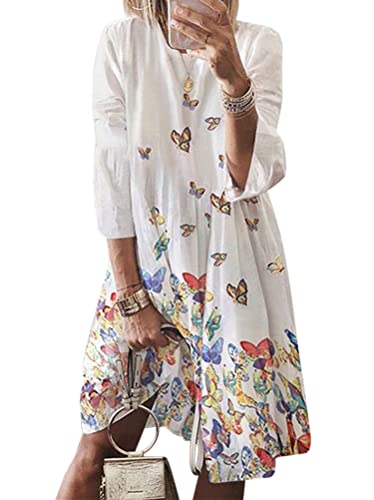 ORANDESIGNE Damen Boho Knielanges Kleid Sommerkleid Elegant Rundhalsausschnitt Blumenkleid Strandkleid Tunika Kleid Z1 Weiß, M von ORANDESIGNE