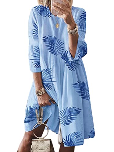 ORANDESIGNE Damen Boho Knielanges Kleid Sommerkleid Elegant Rundhalsausschnitt Blumenkleid Strandkleid Tunika Kleid Z2 Blau XXL von ORANDESIGNE