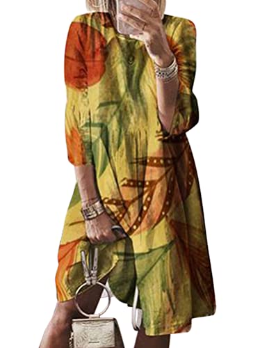 ORANDESIGNE Damen Boho Knielanges Kleid Sommerkleid Elegant Rundhalsausschnitt Blumenkleid Strandkleid Tunika Kleid Z3 Gelb 3XL von ORANDESIGNE