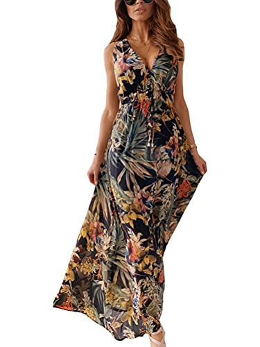 ORANDESIGNE Damen Boho Lange Kleider V-Ausschnitt Sommerkleider Kurzarm Wickelkleid Maxikleid Vintage Strandkleid mit Schlitz 01 Schwarz 42 von ORANDESIGNE