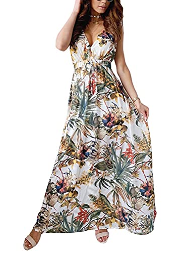 ORANDESIGNE Damen Boho Lange Kleider V-Ausschnitt Sommerkleider Kurzarm Wickelkleid Maxikleid Vintage Strandkleid mit Schlitz 01 Weiß 46 von ORANDESIGNE