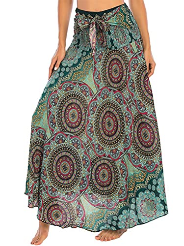 ORANDESIGNE Damen Boho Rock Lang Maxirock Elastische Taille Sommerrock Retro Langer Freizeitrock Elegant Strandrock Elastisch Drucken Maxi Rock Midi Kleid E Grün One Size von ORANDESIGNE
