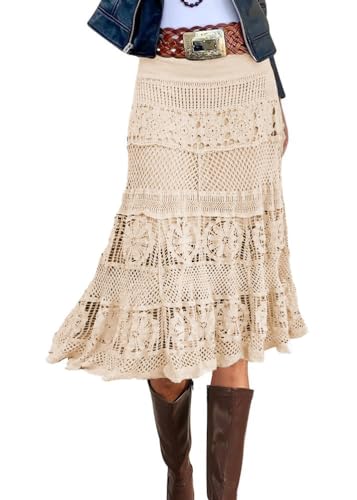 ORANDESIGNE Damen Boho Spitze A-Linie Maxirock Lange Spitzen Röcke Frauen High Waist Elegante Kleider Einfarbiger Maxirock Festlich Rock Langrock B Aprikose XL von ORANDESIGNE